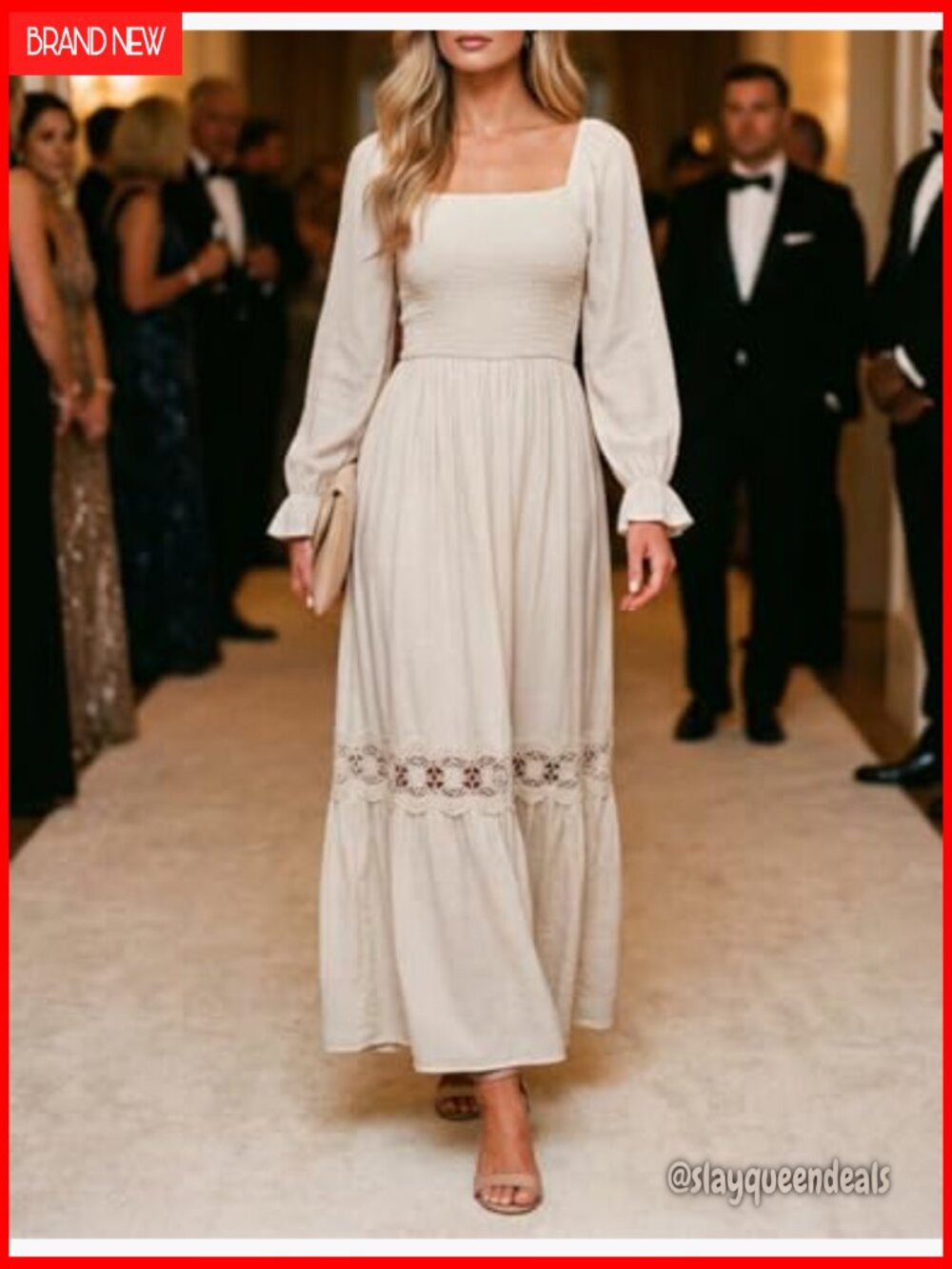 Boho Square Neck Smocked Maxi Dress with Lace Trim - Picture 5 of 7